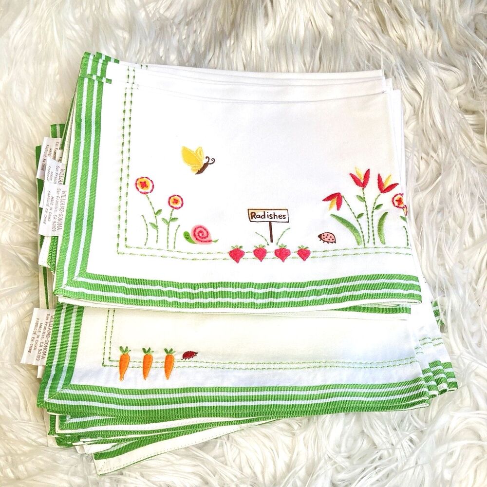 Williams Sonoma 10 Easter Garden Embroidered Napkins & 8 Placemats Carrot Bunny